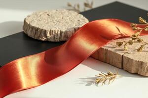 red ribbon on stone platforms with dried plants photo