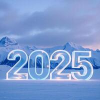 illuminated ice numerals 2025 snowy mountain setting photo