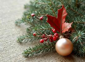 pale beige ball ornament rests on a bed evergreen branches adorned with red berries a brownish-red leaf photo