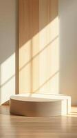 circular wooden display platform minimalist setting photo