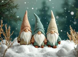 three crocheted figures a snowy scene photo