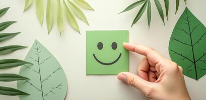 smiling face card with artificial green leaves photo