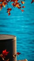 autumn leaves resting on stone pillar by blue water photo