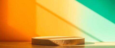sunlit round pedestal on colorful wall photo