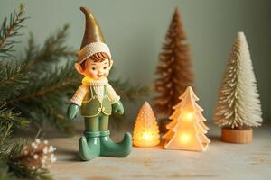 smiling green elf figurine with lighted trees photo