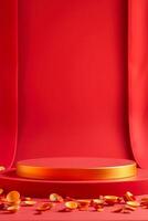 gold-rimmed circular platform on red surface with scattered elements photo