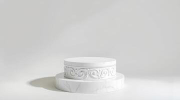 white marble two-tiered display stand with swirl detail photo