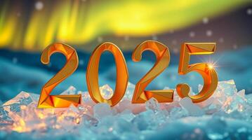 golden 2025 numerals on ice crystals with aurora background photo