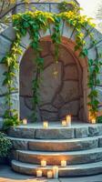 illuminated stone arch with ivy candles photo