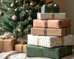 wrapped gifts stacked near decorated tree photo