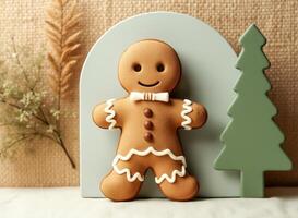 smiling gingerbread man with winter decorations photo