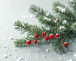 snowy evergreen branch with red berries photo