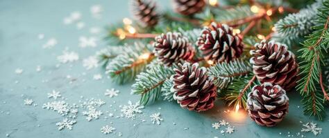 snow-dusted pine cones evergreen branches with string lights photo