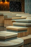 layered wooden platforms under gentle rain photo