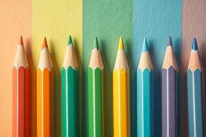 eight sharpened colored pencils arranged against a multicolored background photo