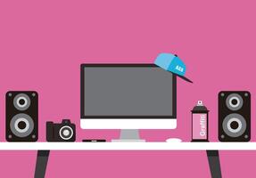 Working place, desk with computer and other things, illustration vector