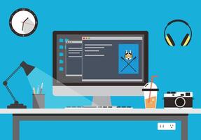 desk with computer and other things flat design, illustration vector