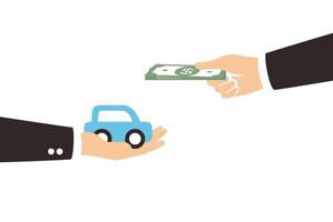 Exchanging concept, hands with car and dollars. vector