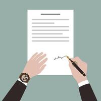 Man signs contract document using pen , illustration vector