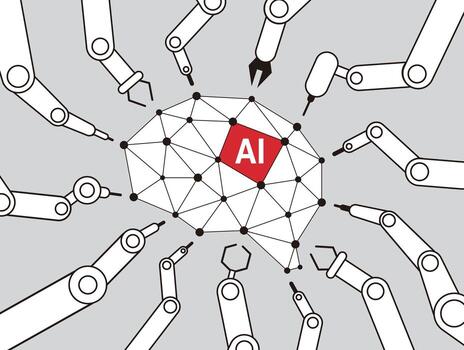 Robot machine arms focus on the brain of the Artificial Intelligence, illustration vector