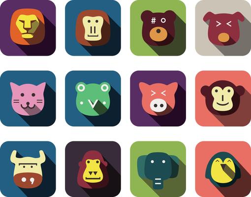 Animal face flat design icon set