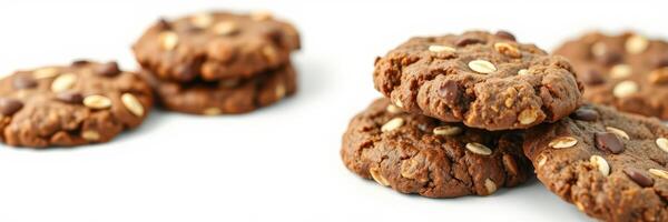 Homemade chocolate chip cookies with oats on a white background, perfect for a sweet treat or snack photo