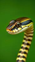 Colorful snake with distinct patterns resting against a vibrant green background in a natural habitat photo