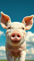 A playful piglet looks up at the camera with a happy smile on a bright, sunny day photo