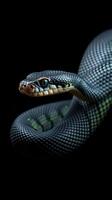 Darkly colored snake coiled elegantly with detailed scales, showcasing its striking features and mesmerizing eyes photo
