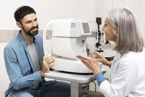 Ophthalmologist explaining autorefractor device to patient during eye exam photo