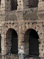 A seagull is elegantly perched Colosseum on a rather cloudy day in beautiful Rome, Italy photo