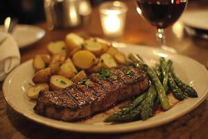 Delicious Grilled Steak Dinner with Roasted Potatoes and Asparagus photo