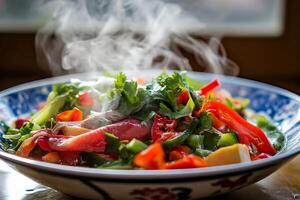Aromatic Steaming Bowl of Asian Cuisine Delight photo