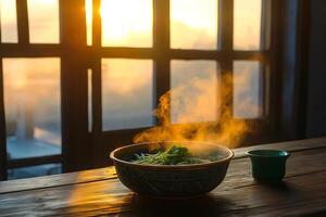 Aromatic Bowl of Steaming Soup at Sunrise photo
