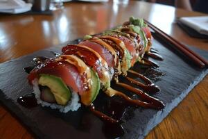 Delicious Spicy Tuna Sushi Roll on a Black Slate Plate photo