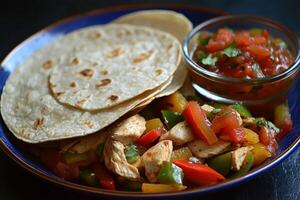 Delicious Chicken Fajitas with Homemade Salsa and Warm Tortillas photo