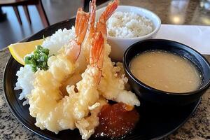 Delicious Tempura Shrimp with Rice and Dipping Sauce photo