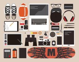 desk with computer and other things flat design, illustration vector