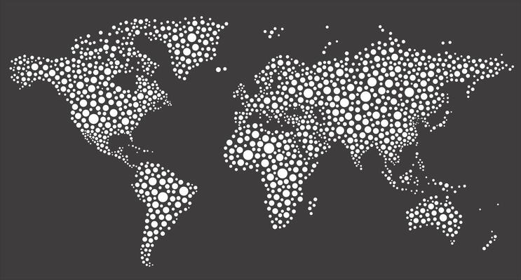 World map composed of different sizes polka dots