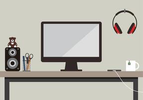Working place desk and speaker, Computer, laptop, cup vector