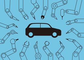 Robot machine arms get together focus on the car, Automatic factory, illustration vector