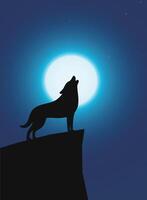 Wolf standing and roaring on the top of the cliff, Background is moon vector