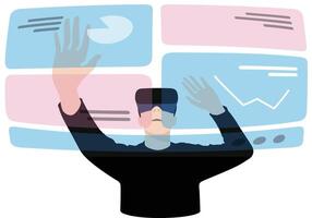 Man wearing VR glasses, hands up, touching the screen, doing data analysis vector