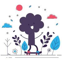 Retro Cartoon Tree Skateboarding Fun vector