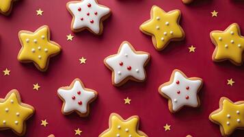 Christmas gingerbread cookies with stars on red background. Top view. photo