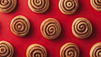 Pattern of cinnamon rolls on red background. Top view. photo