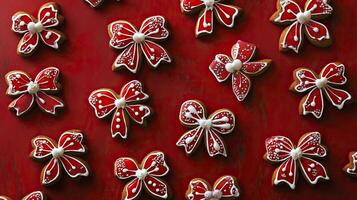 Christmas gingerbread cookies in the form of a bows on a red background. photo