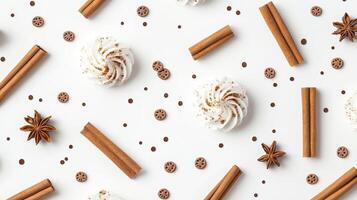 Meringues, cinnamon, star anise on white background. Flat lay, top view. photo