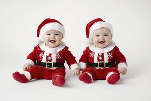 Two happy babies dressed in Santa Claus sitting on a white background. photo