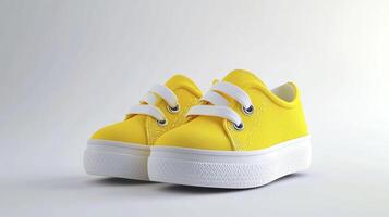 Yellow baby sneakers isolated on white background. photo